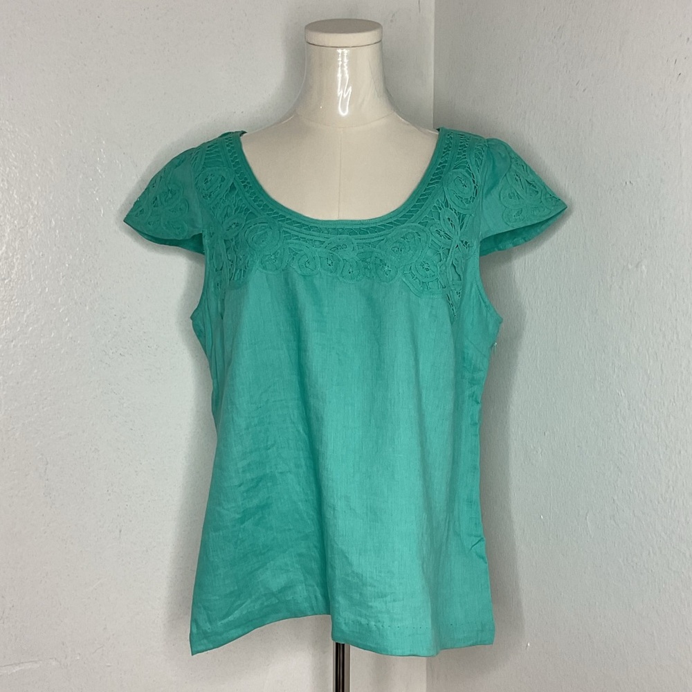Grace 100% Linen Blouse | Teal Flutter Sleeve Crochet Trim Top | Size 14